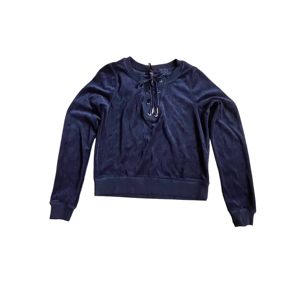 Betsey Johnson Sweatshirt Performance Navy Velour Velvet Lace up XS NEW Pullover